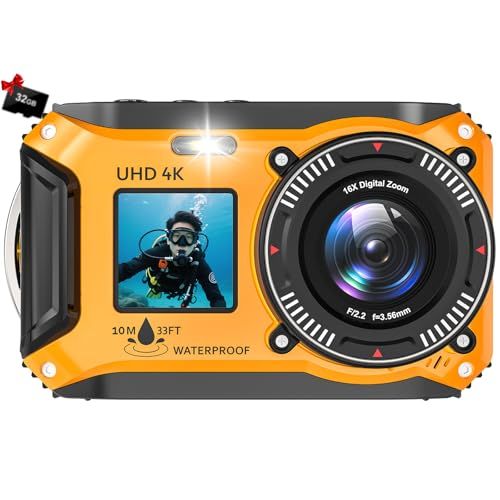 水中カメラ 4K録画 64MP 防水 10M デジカメ 防水カメラ デュアルスクリーン 自撮り オートフォーカス 18倍デジタルズーム ウェブカメラ 32GBSDカード付き 操作簡単 コンパクト 防塵 浮力ボディ設計 ダイビング用 アウトドア b83b4c44