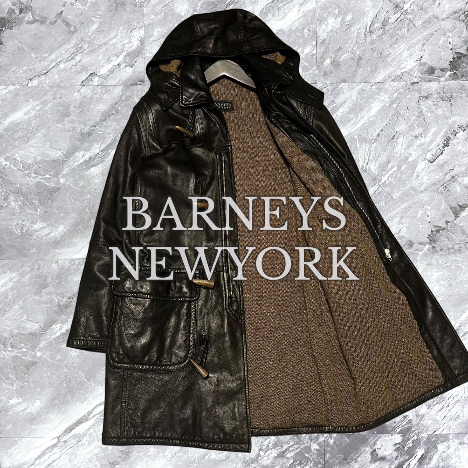 BARNEYS NEWYORK バーニーズニューヨーク ダッフルコート レザーコート オールレザー フーデッドコート イタリア製 フード着脱可能 オーバーサイズ ジップアップ ブラック 黒色 サイズ44 S相当