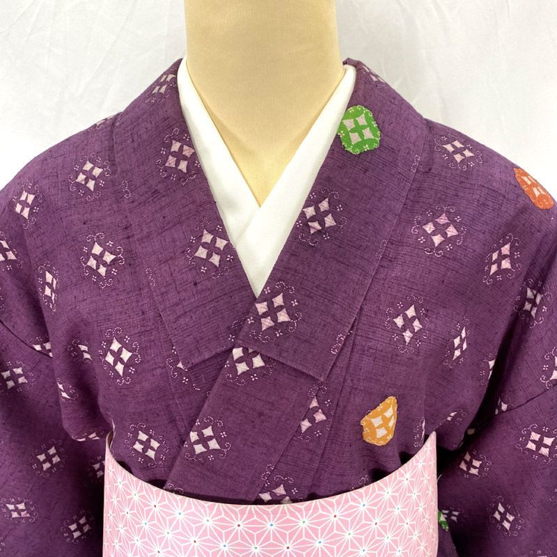 605af11△アンティーク着物 単衣 紬 菱 幾何学 カジュアル 大正ロマン