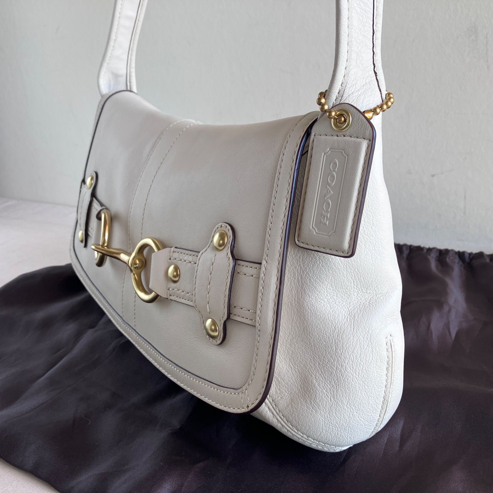 Coach Vintage Ergo Belted Flap Smooth Ivory Leather Shoulder Bag 
