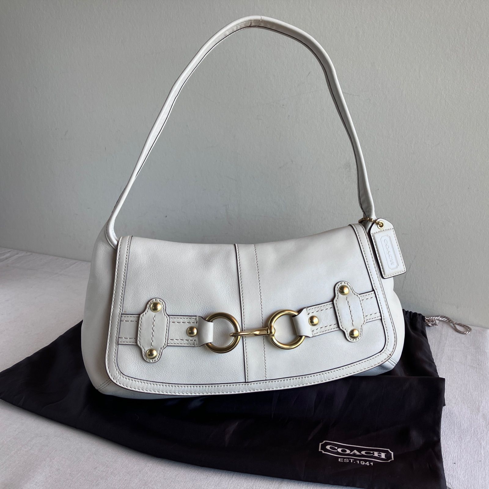 Coach Vintage Ergo Belted Flap Smooth Ivory Leather Shoulder Bag 