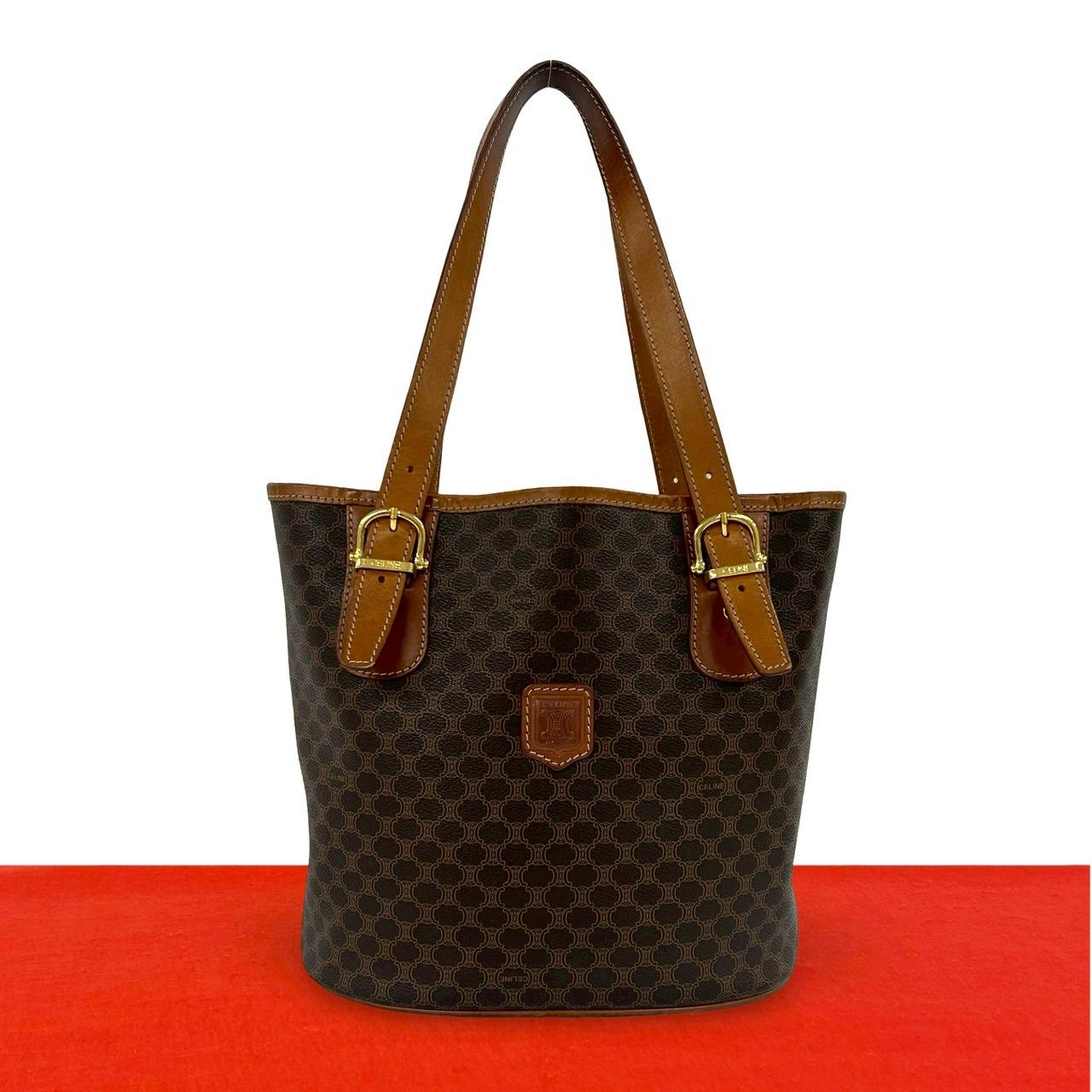 極 美品 CELINE セリーヌ ヴィンテージ マガダム ブラゾン トリオンフ 柄 ロゴ レザー 本革 トートバッグ ハンドバッグ ブラウン 茶 83956