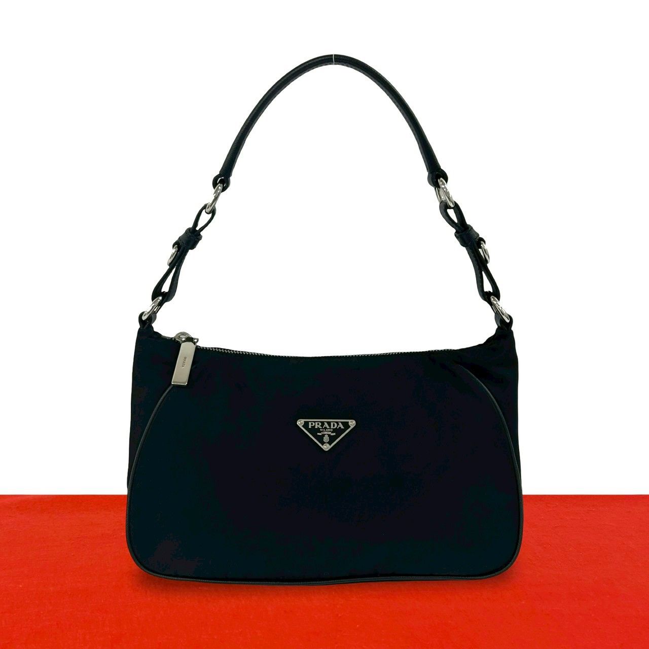 極 美品 PRADA プラダ 三角ロゴ 金具 ナイロン レザー 本革 ワン