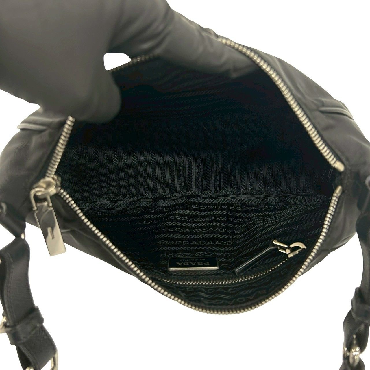 極 美品 PRADA プラダ 三角ロゴ 金具 ナイロン レザー 本革 ワン