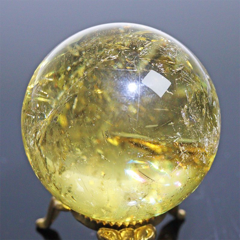 〔D471-47〕高品質 約45mm シトリン虹入り スフィア Citrine 丸玉 黄水晶 置物 風水 ヘコミあり【メール便不可】