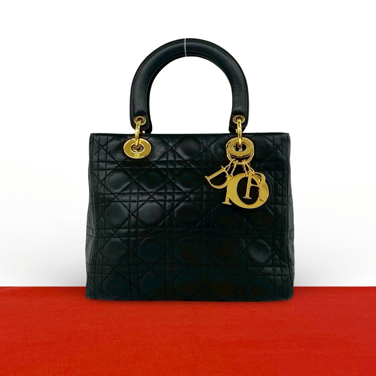 極 美品 Christian Dior ディオール ヴィンテージ レディディオール カナージュ ラムスキン レザー 本革 ハンドバッグ ブラック 73483