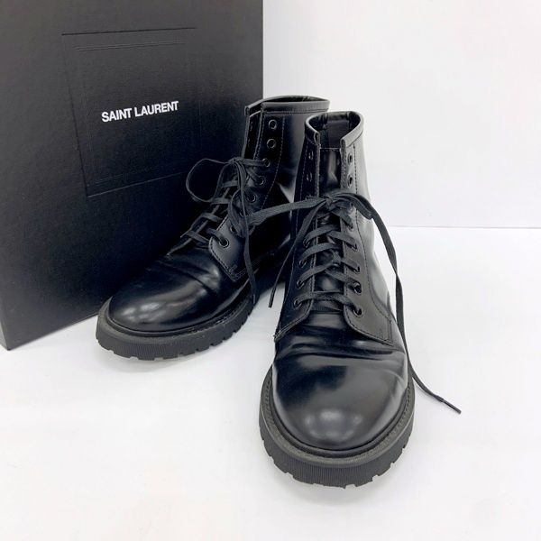 SAINT LAURENT PARIS サンローランパリ レザー レースアップ ブーツ シューズ 501460 イタリア製 箱付き メンズ サイズ43 ブラック 靴 DF18798■