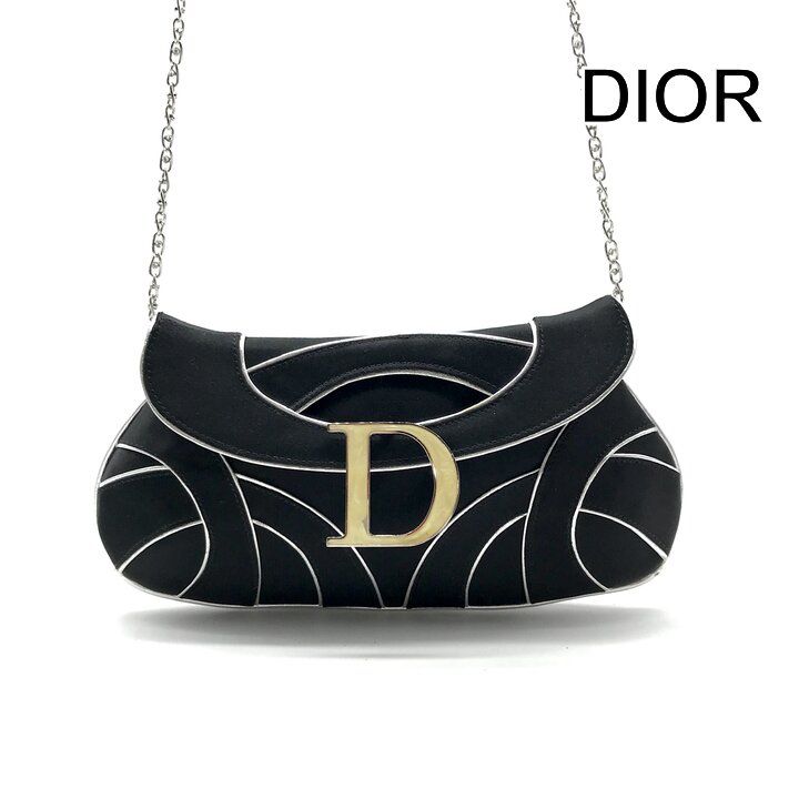 超美品 Christian Dior ディオール サテン D金具 ブランド ショルダー バッグ ブラック カバン BAG レディース 斜め掛け r689