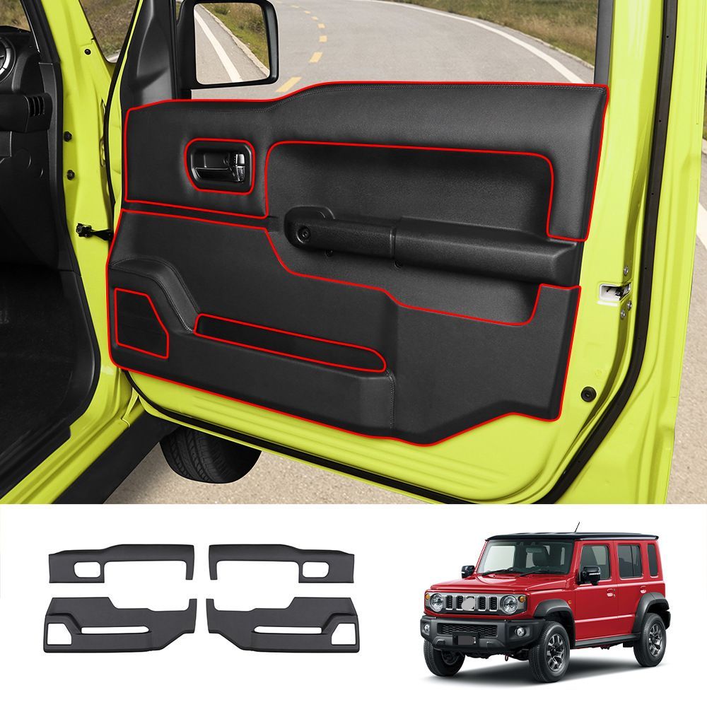 スズキ ジムニー Jimny JC74 2025年モデル用 フロントドア キックガード ドア保護パネル 4点セット ブラック ABSベース レザー調 ドア内側の傷防止 汚れ対策 擦れ防止 取り付け簡単 両面テープ貼り付け 車種専用設計 室内をすっきり保護