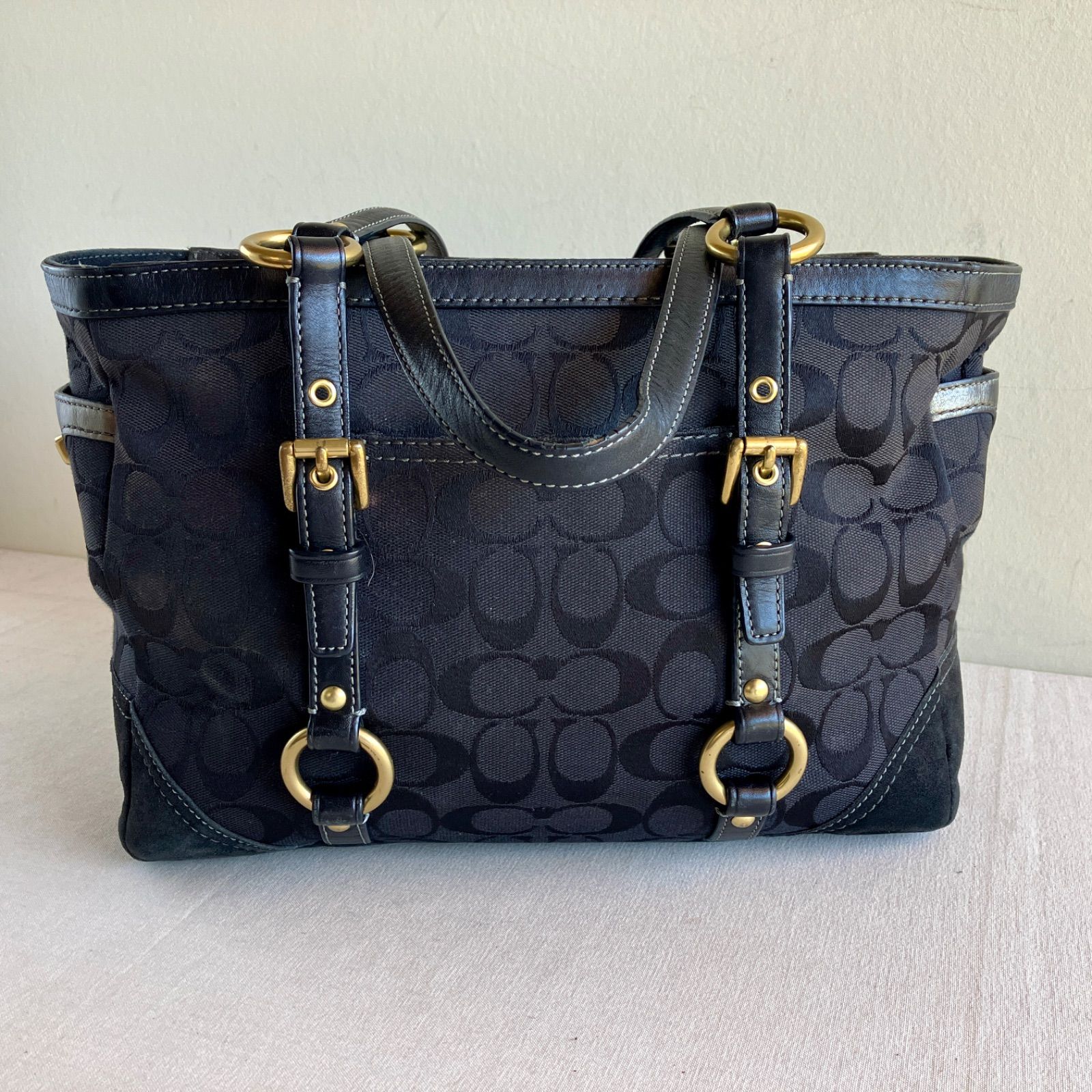 Coach Vintage Gallery Signature Jacquard Black Suede Canvas Leather Tote Bag Y2K
