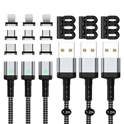 マグネット 充電ケーブル 3A急速充電USB充電 磁気ケーブル【1.2M/3本セット/9個磁気端子/】データ転送にも対応したマグネット式US-Bマ-グネット充電コード US-B Type-C、MicroUS-B、USB Type-L 磁石 防 25797005