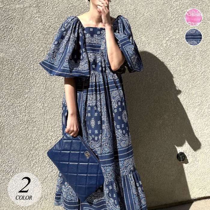 リゾート風 ワンピース レディース ロングワンピース 春 夏 ドレス 半袖ワンピース レトロ 柄 おしゃれ きれいめ 可愛い 韓国ファッシ#kprts