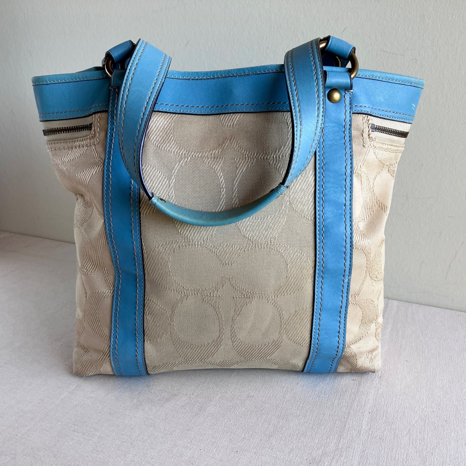 Coach Vintage Signature Blue Canvas Leather Shoulder Tote Bag Y2K 