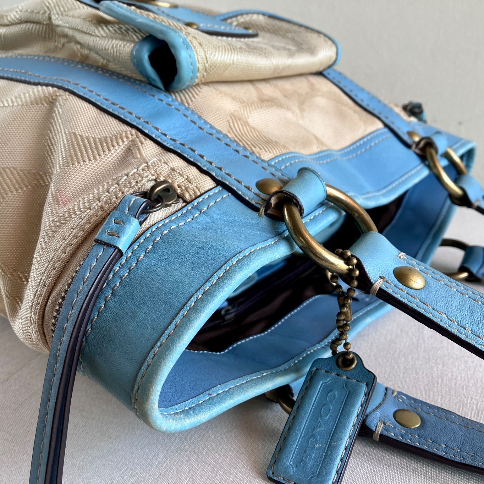 Coach Vintage Signature Blue Canvas Leather Shoulder Tote Bag Y2K 