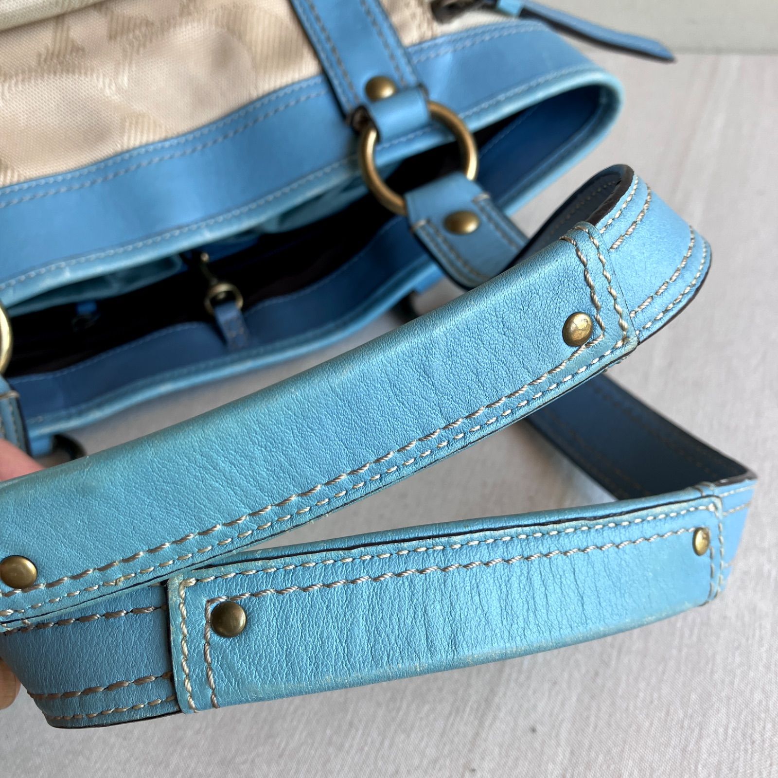 Coach Vintage Signature Blue Canvas Leather Shoulder Tote Bag Y2K 