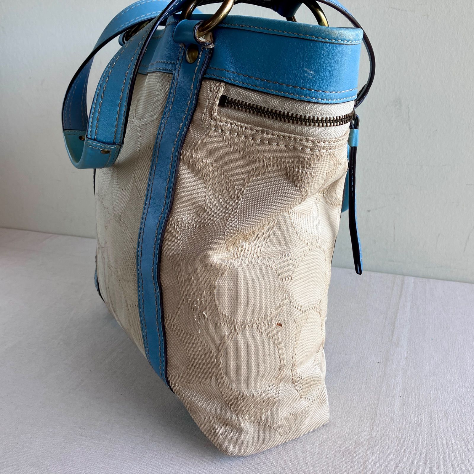 Coach Vintage Signature Blue Canvas Leather Shoulder Tote Bag Y2K 