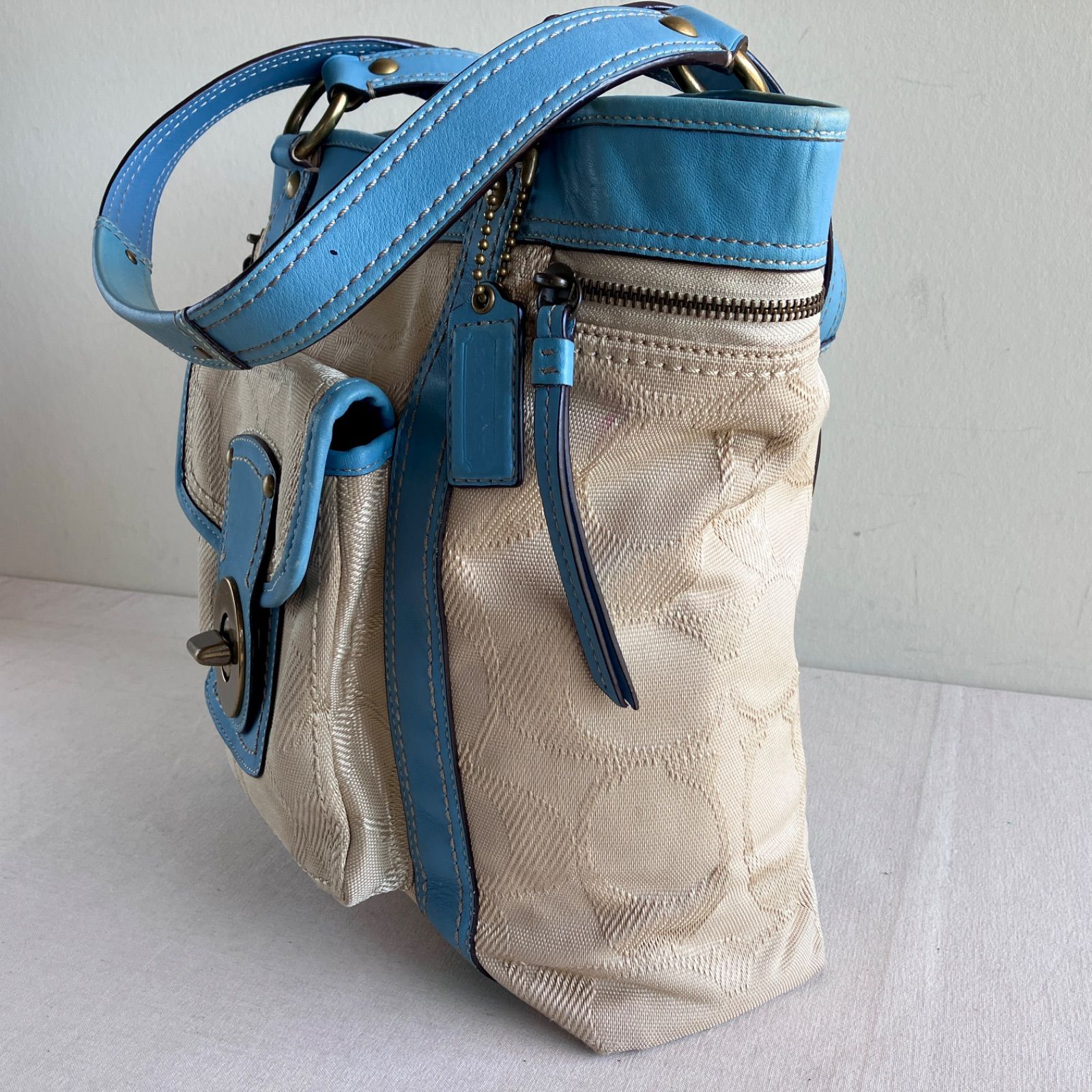 Coach Vintage Signature Blue Canvas Leather Shoulder Tote Bag Y2K 