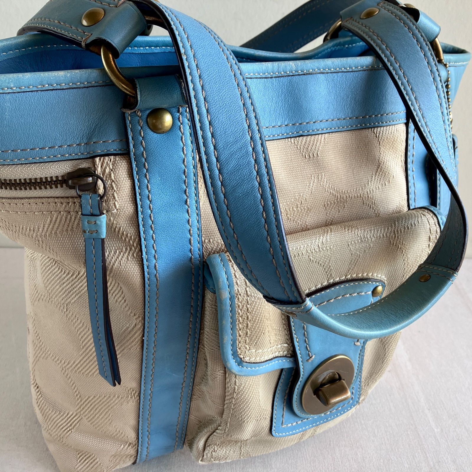 Coach Vintage Signature Blue Canvas Leather Shoulder Tote Bag Y2K 