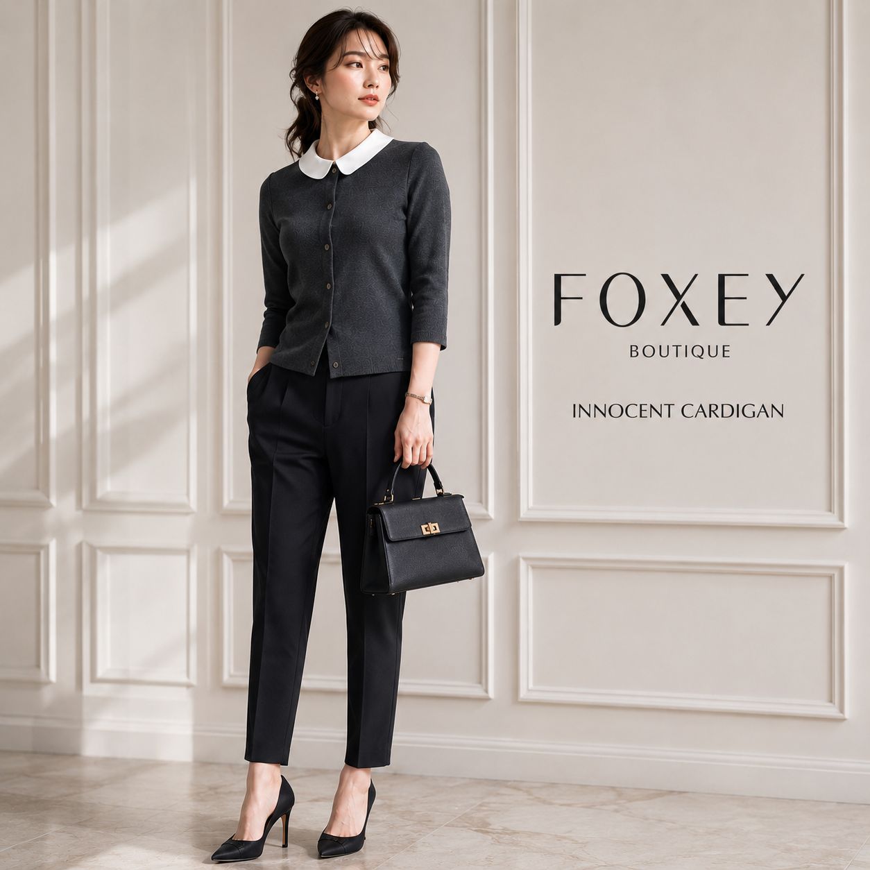 【美品】FOXEY BOUTIQUE/フォクシーブティック INNOCENTCARDIGAN イノセントカーディガン 38 「7号（Sサイズ）相当」リッチグレー 取り外し可能白襟付 知的 上品カーディガンボタン留め テンセルストレッチ素材 通勤コーデ