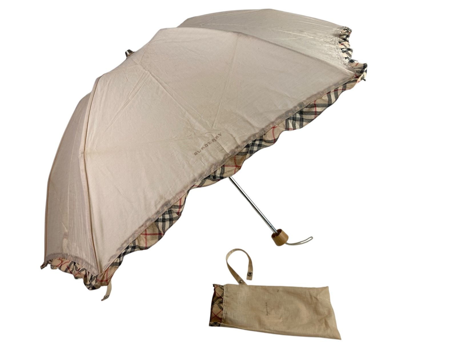 バーバリー　BURBERRY　日傘　折り畳み傘　親骨の長さ：48cm　6本骨　ノバチェック　フリル　ベージュ　送料無料