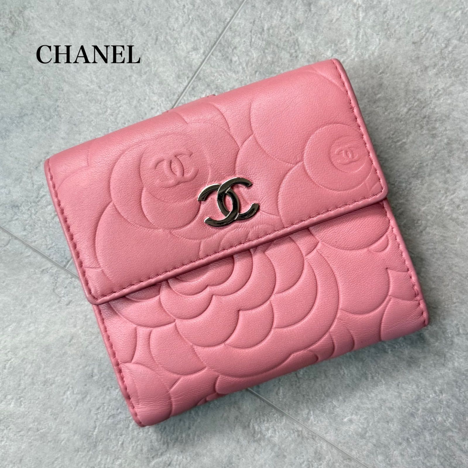 シャネル CHANEL 財布 ファスナー ココマーク カメリア ピンク 美品 CHANEL シャネル カメリア ココマーク 二つ折り財布 wホック