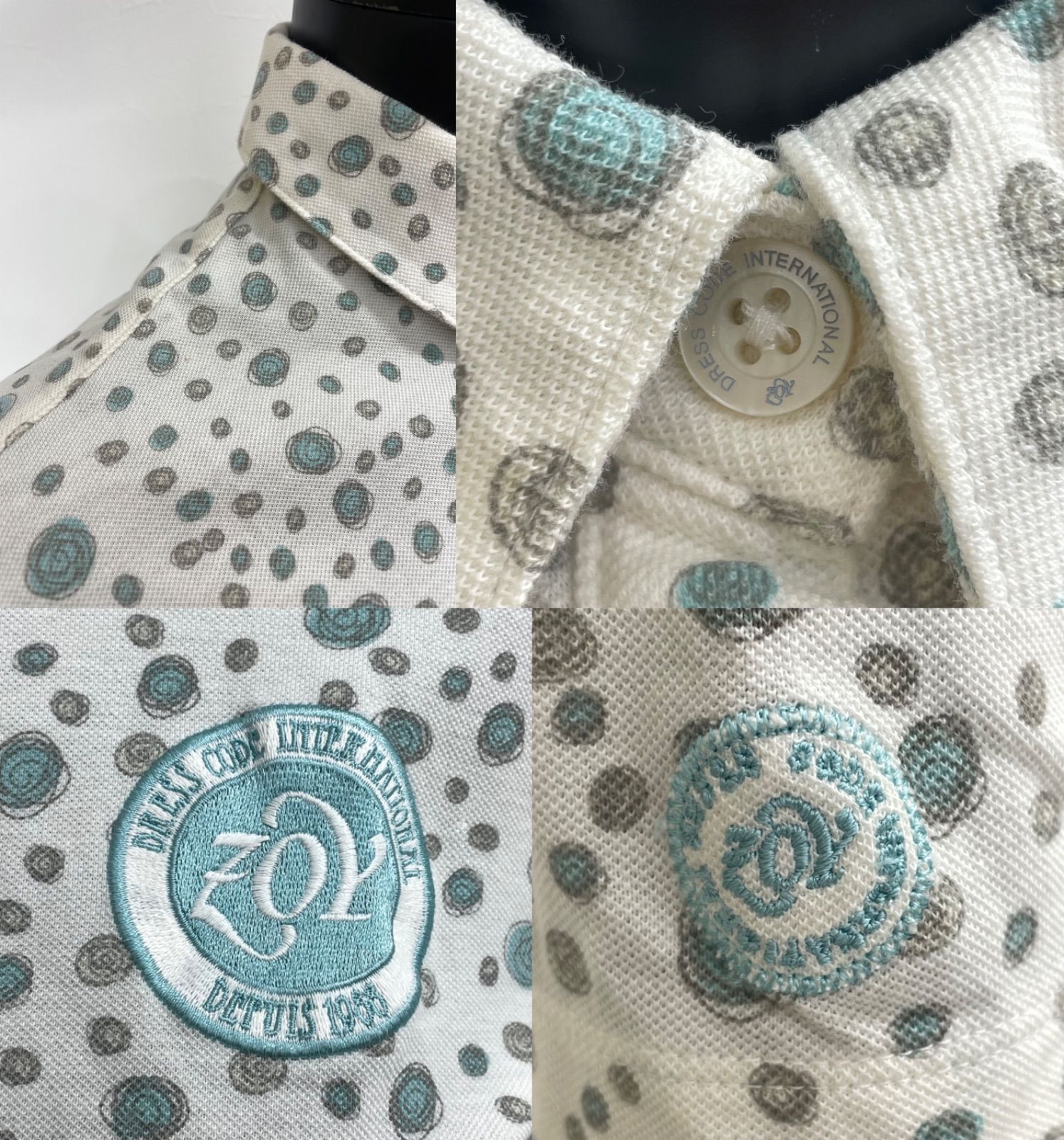 USED】ZOY ゾーイ 綿 半袖 ポロシャツ ロゴ刺繍 総柄 ホワイト 白