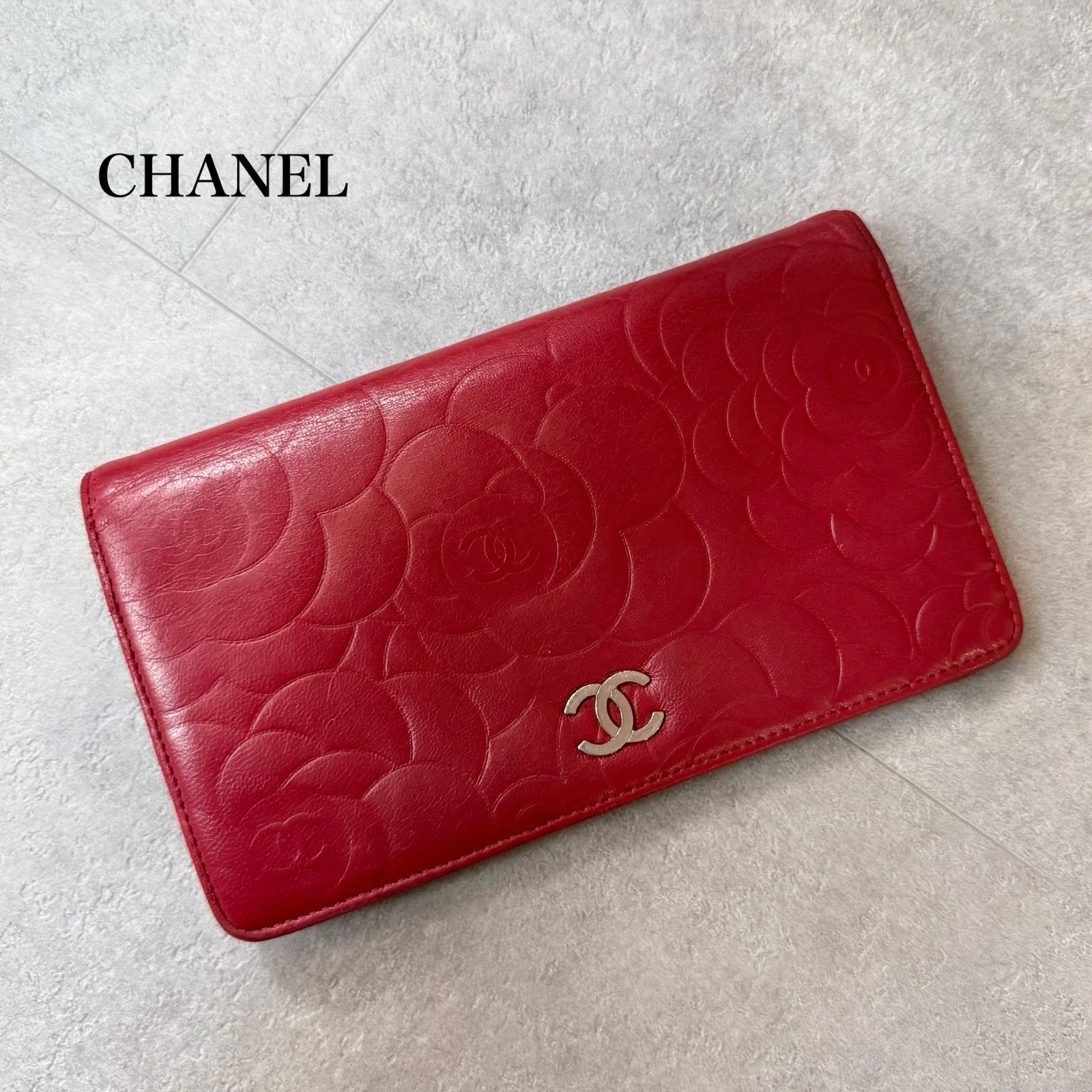 CHANEL シャネル カメリア ココマーク 二つ折り長財布 レザー 赤