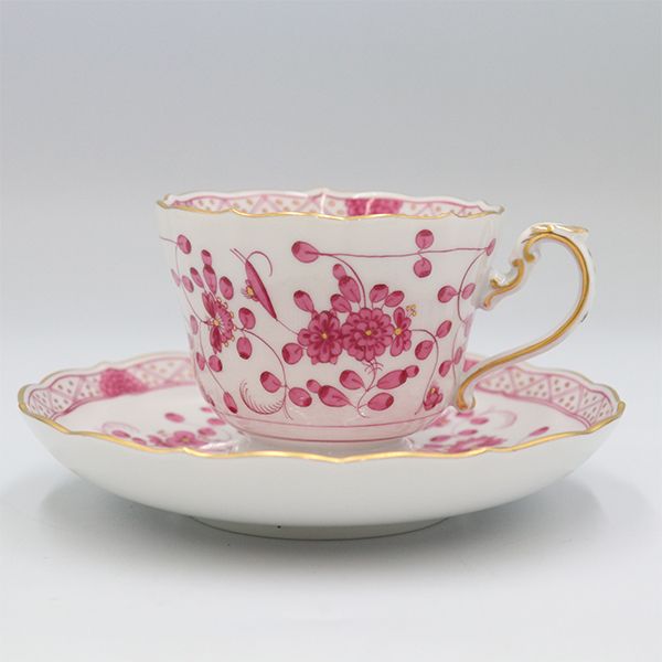 マイセン MEISSEN インドの華 カップ＆ソーサー セット ホワイト×ピンク 【ww】【中古】5000002810000102