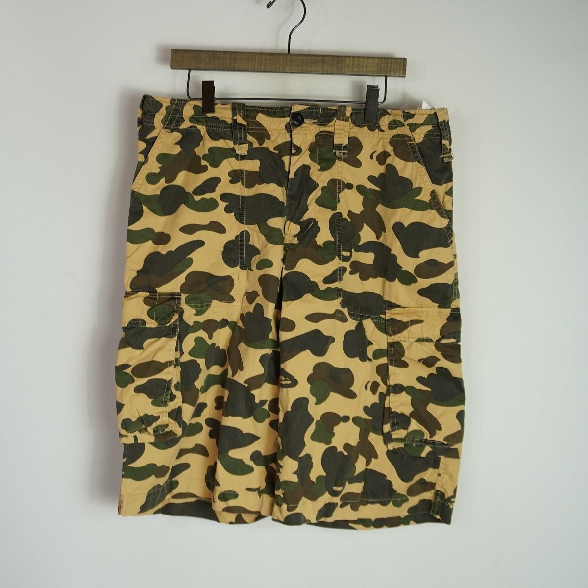 90S 00S A BATHING APE アベイシング エイプ 1st camo yellow カモ カーゴ ハーフ パンツ ミリタリー ショーツ ビンテージ L 2733Q♪