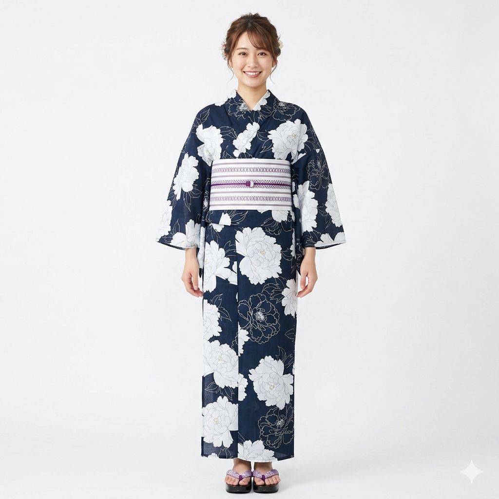 二部式 浴衣 単品 女性用 着付け不要 簡単に着られる セパレート フリーサイズ 綿100％ 濃紺色 牡丹 NO43418