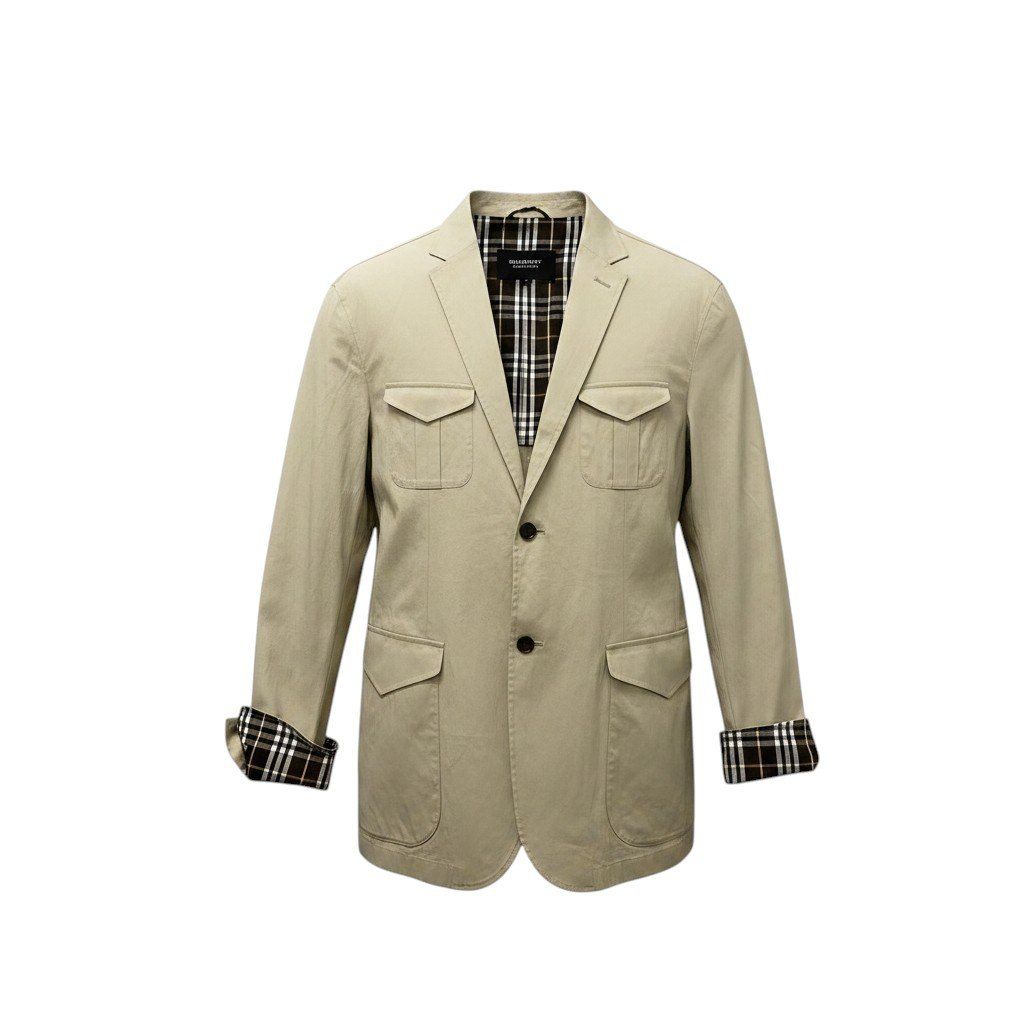 77e18 BURBERRY バーバリー テーラードジャケット ブレザー 背抜き 裏地チェック柄 Lサイズ ベージュ コットン メンズo07t