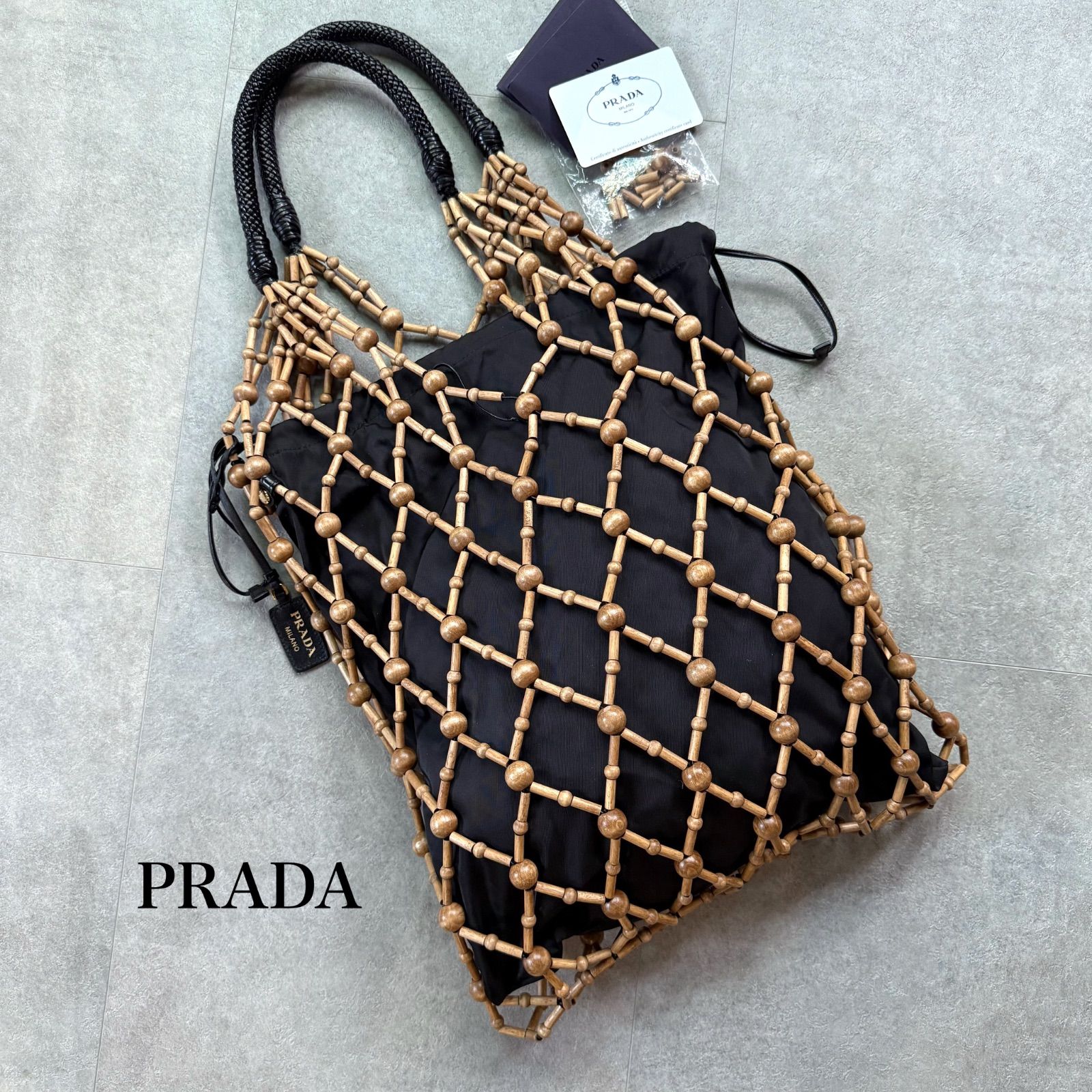希少 PRADA プラダ ウッドビーズバック 編み込み 巾着トートバッグ 