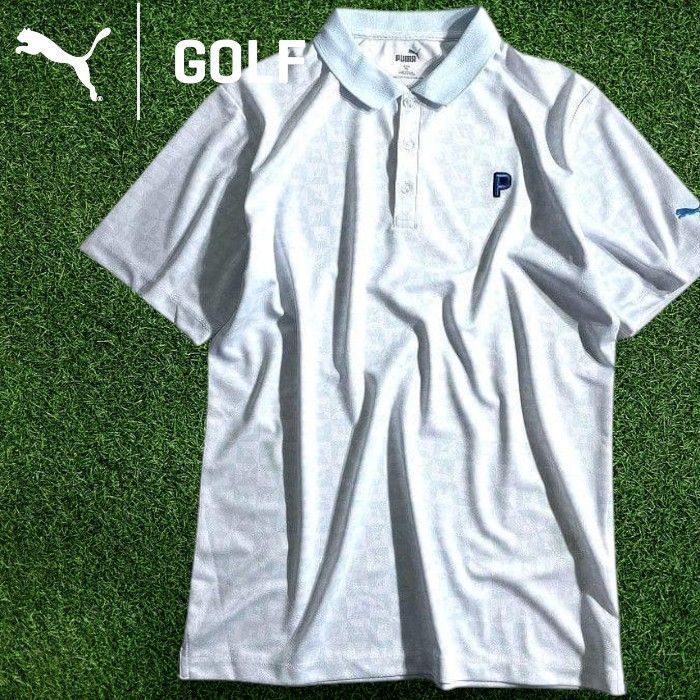 PUMA プーマ ゴルフ Pe鹿の子 モノグラム 総柄 ストレッチ 半袖 ポロシャツ ゴルフウェア 627603 定価1万 ライトブルー ホワイト XL ▲024▼50425w08