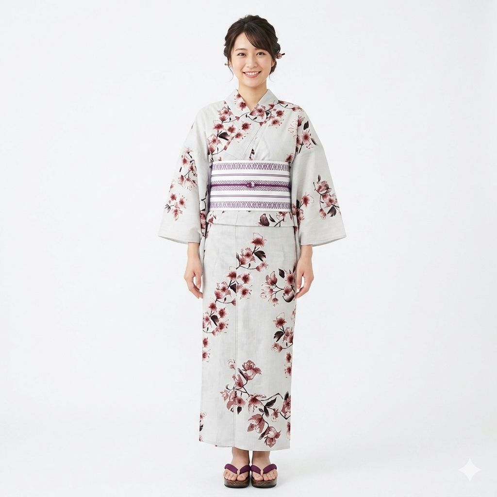 二部式 浴衣 単品 女性用 着付け不要 簡単に着られる セパレート フリーサイズ 綿100％ ライトグレー NO43416