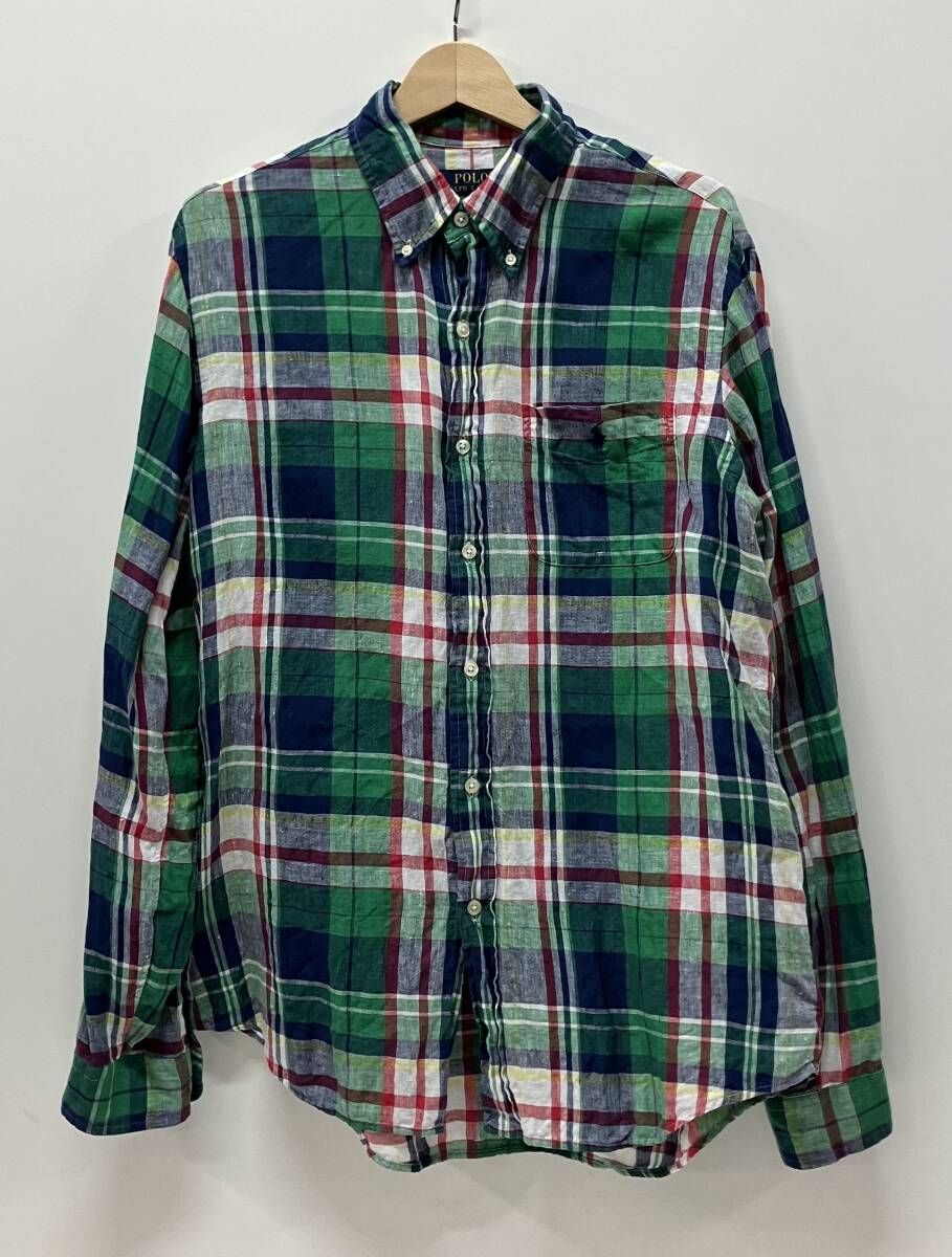 POLO RALPH LAUREN ポロ ラルフローレン 長袖シャツ リネン 現行 チェック マルチカラー サイズL グリーン ブルー 麻100% インド製