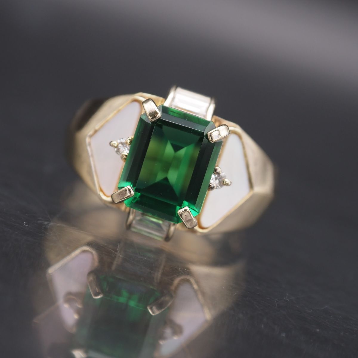 W763 IEI エメラルド風 ダイヤモンド 0.04ct 925刻印 リング シェル 