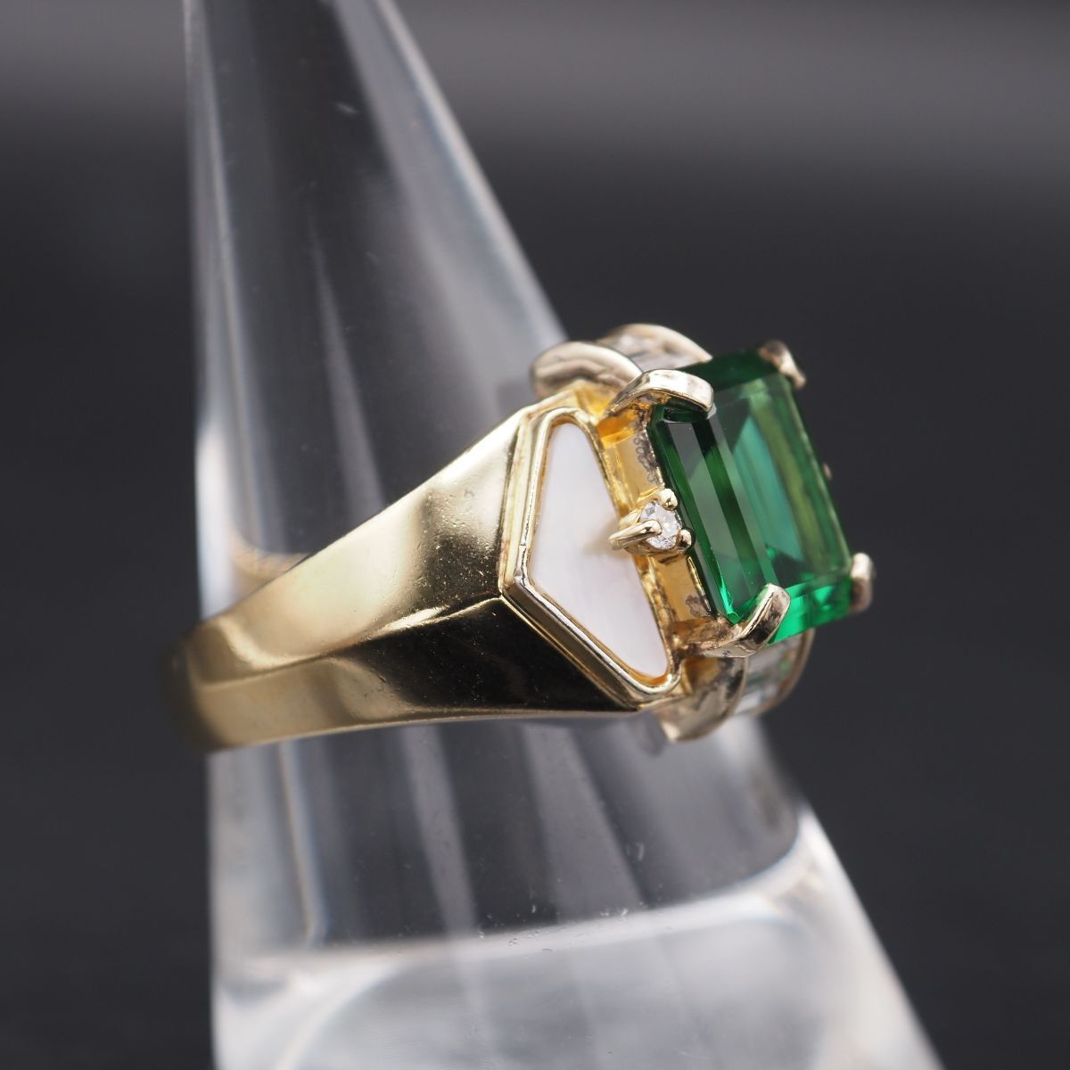 W763 IEI エメラルド風 ダイヤモンド 0.04ct 925刻印 リング シェル 