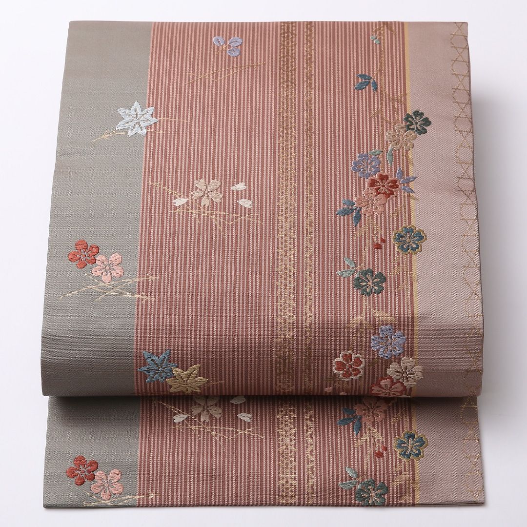 特価！九寸名古屋帯 Sランク 帯丈356cm 正絹 六通 名古屋仕立て 織り インフォーマル 桜 楓 梅 茶系 RP 1245-02708