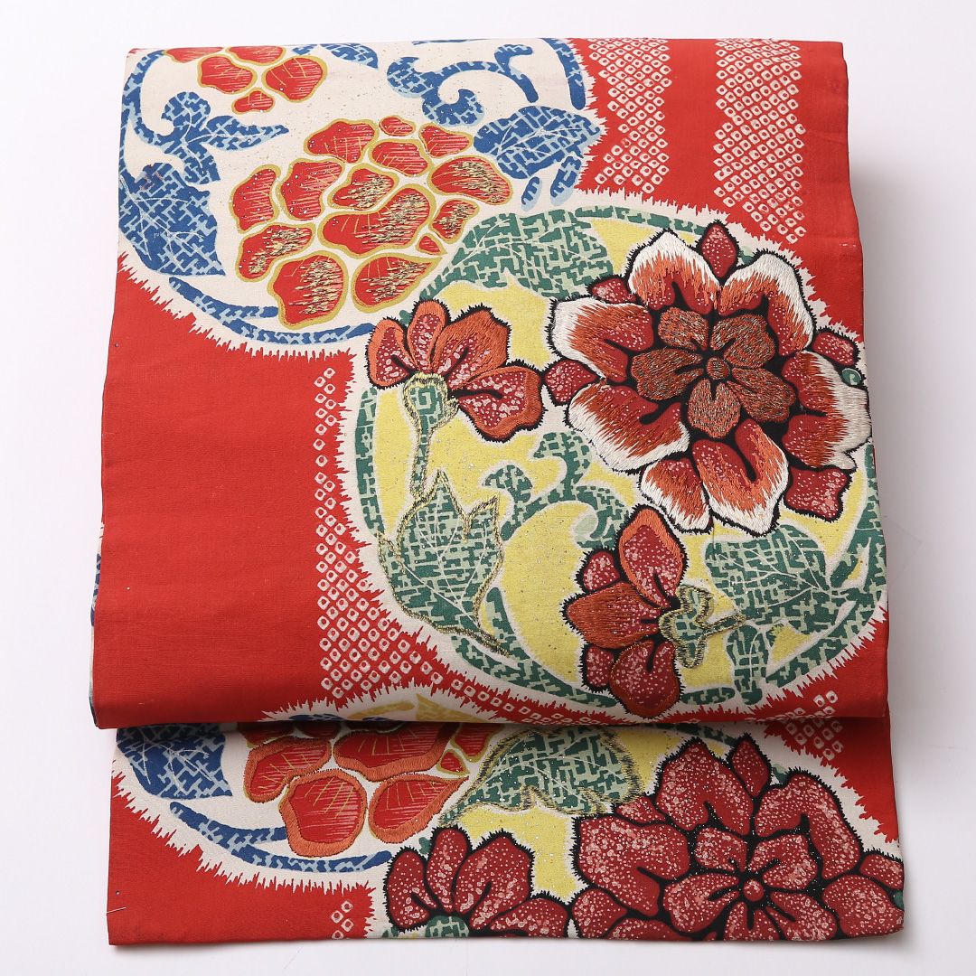 特価！アンティーク 九寸名古屋帯 Aランク 帯丈342cm 正絹 全通 名古屋仕立て 織り・染め 花柄 赤系 RP 1245-02737