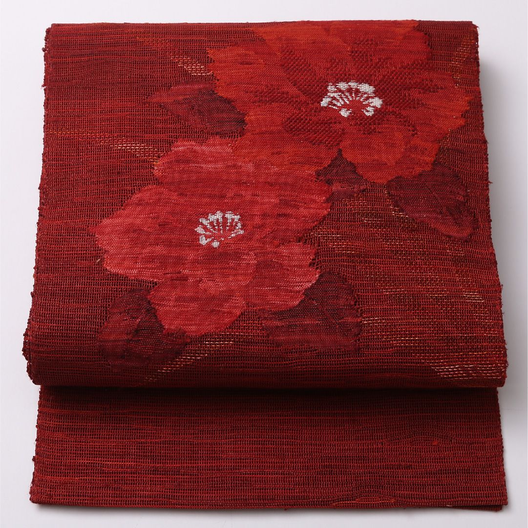 お買い得品！八寸名古屋帯 （夏帯） Sランク 帯丈368cm 正絹 ポイント柄 開き仕立て 織り カジュアル 紬 椿 赤系 LP 1245-02751