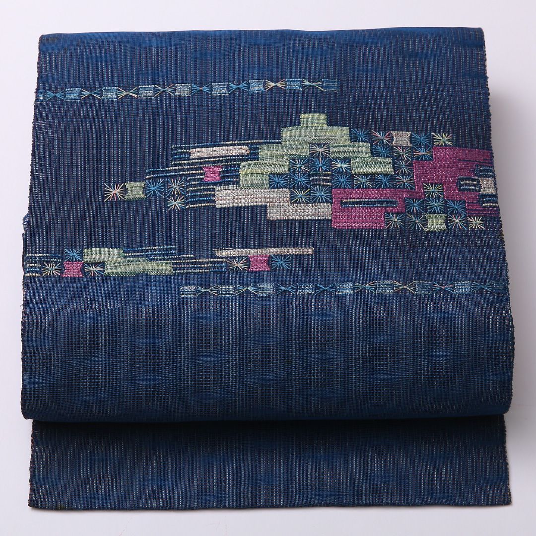 お買い得品!八寸名古屋帯 (夏帯) Sランク 帯丈354cm 正絹 ポイント柄 名古屋仕立て 織り カジュアル 紬 もじり織 創作柄 青系 PO 1245-02754