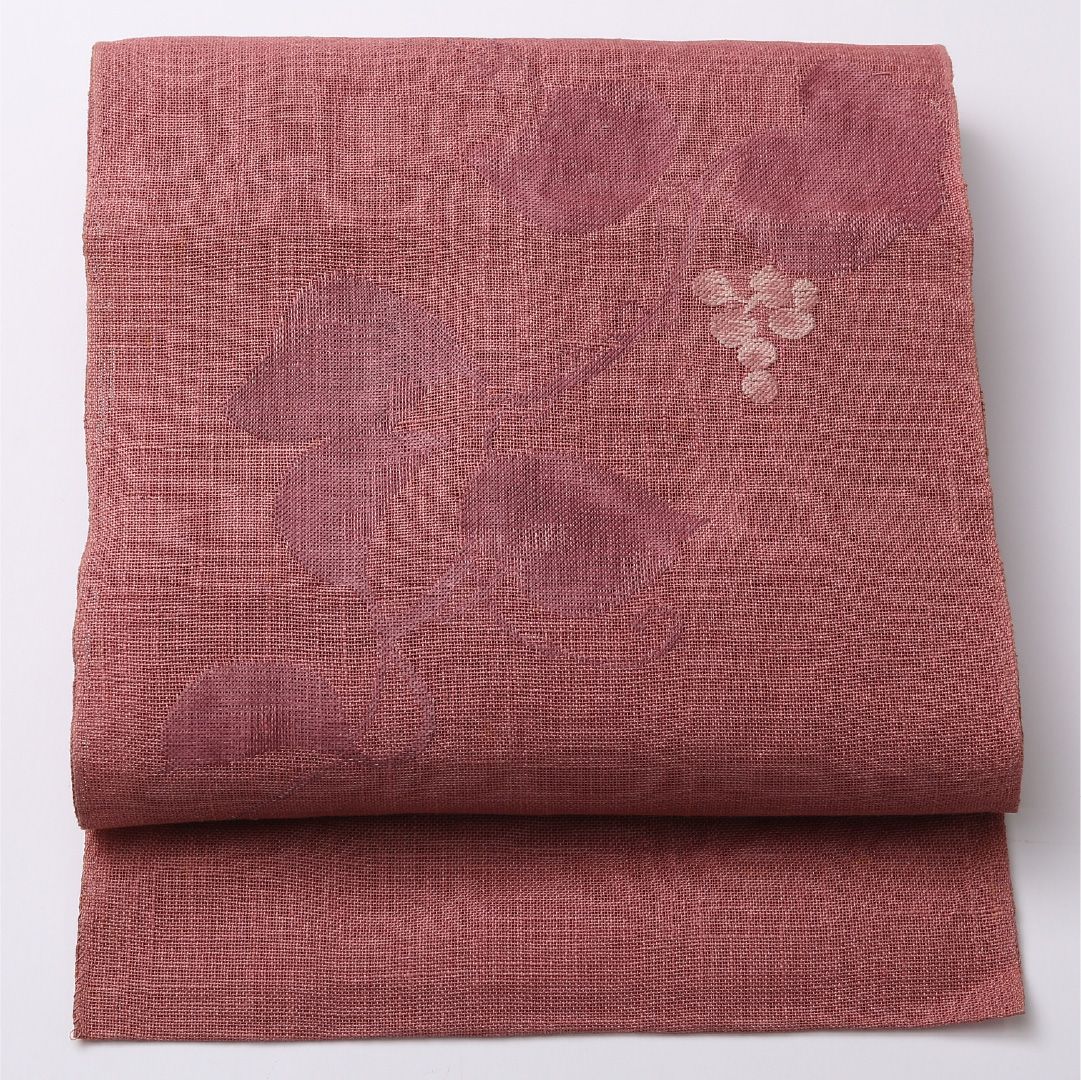 お買い得品!八寸名古屋帯 (夏帯) Cランク 帯丈350cm 正絹 ポイント柄 名古屋仕立て 織り カジュアル 紬 葡萄唐草文 くすんだピンク系 RP 1245-02756