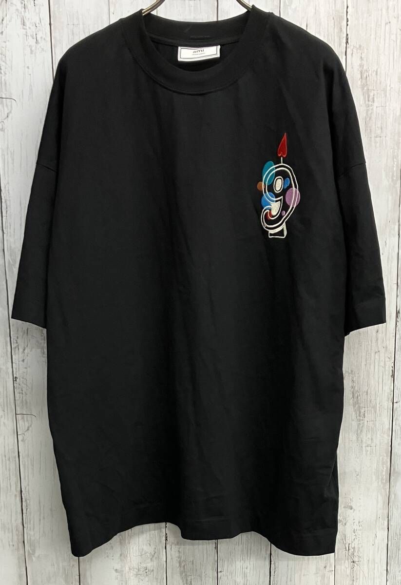 Ami Paris 半袖Tシャツ アミ パリス クルーネック 刺繍 ブラック size L