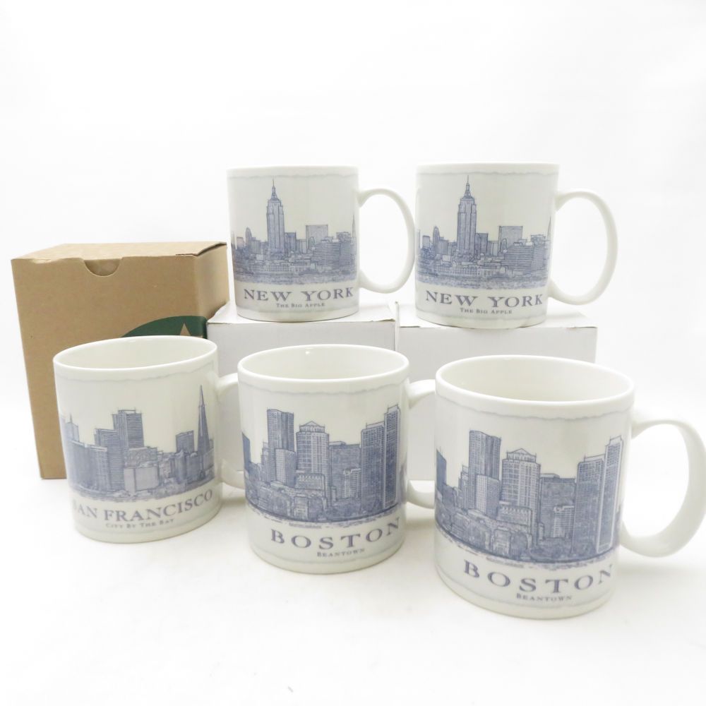 未使用 STARBUCKS スターバックス 旧スケッチ ボストン/サンフランシスコ/ニューヨーク マグカップ 5点 セット 海外 ご当地 スタバコーヒー ティー SU14246F2