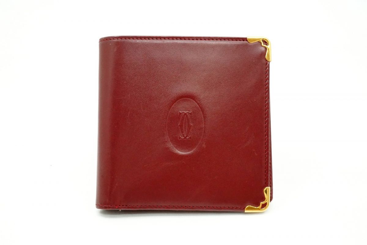 カルティエ ヴィンテージ マストライン 二つ折り 財布 C2ロゴ スクエア ゴールド金具 レザー ボルドー Cartier 6488h