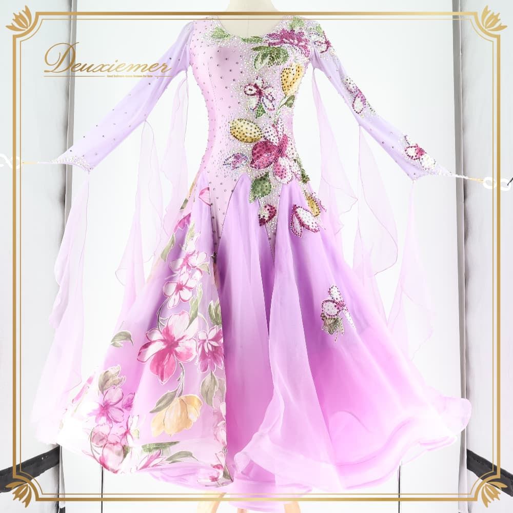 B1456★美品★紫/ピンク花/刺繍/ワンピース/スタンダードドレス☆社交ダンス 社交ダンス 衣装 ドレス ワンピース スタンダード パープル系 ピンク系