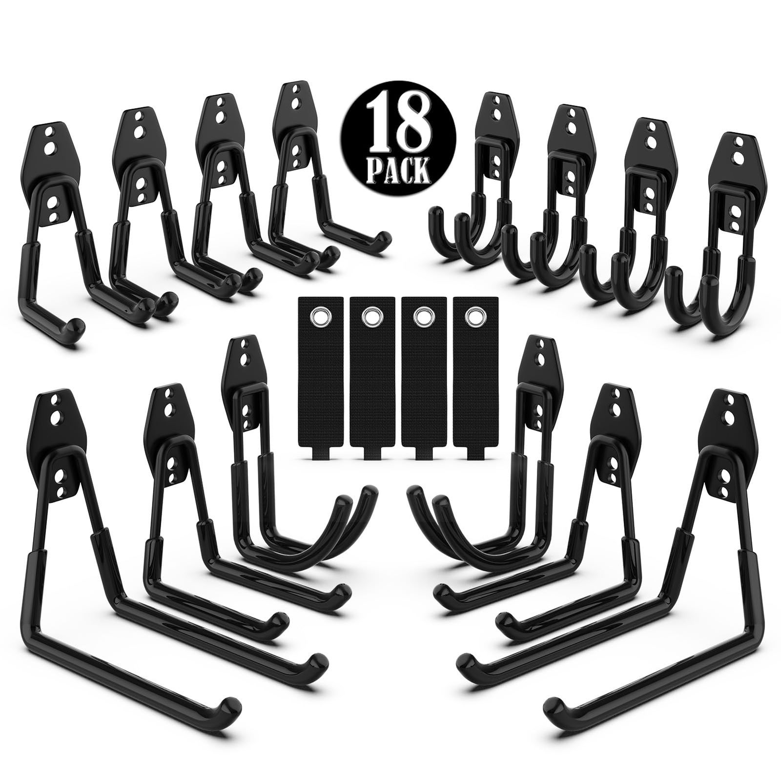 ガレージ用フック 工具壁掛け 18個セット 3つの溶接点耐荷重5kg増やす はしご、自転車、ホース、スコップ、草刈り機などの道具収納（黒）ts bb9ddfc9