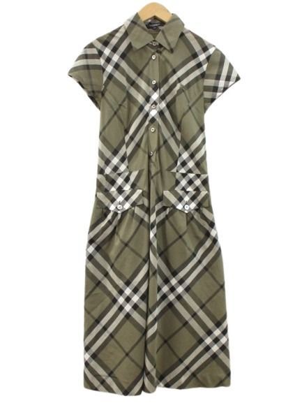 バーバリー ロンドン BURBERRY LONDON チェック シャツ ワンピース 38 カーキ 半袖 コットン 綿