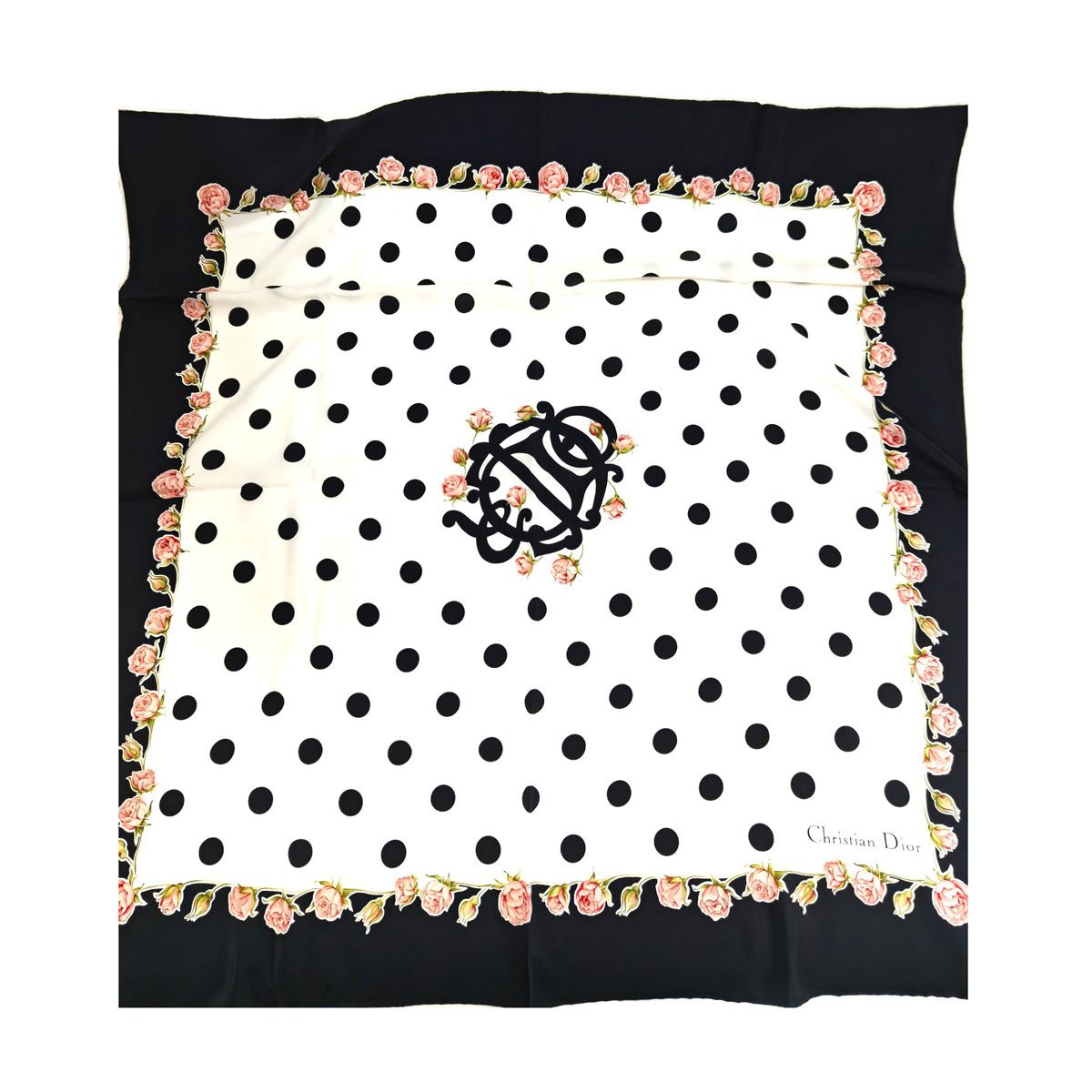 Dior ディオール ドットローズ シルクスカーフ ブラック×ホワイト 管理番号：11375