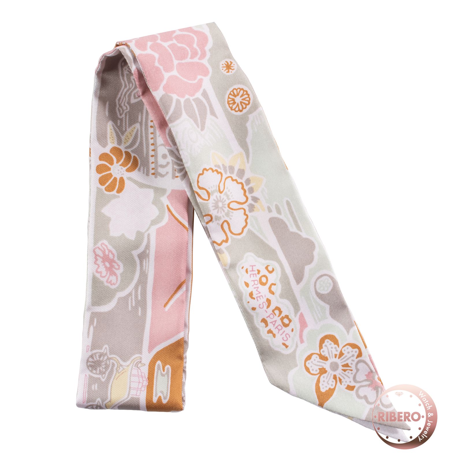 HERMES エルメス ツイリー BINGATA 紅型 063530S 07 2021AW スカーフ シルク ピンク グレー【中古】